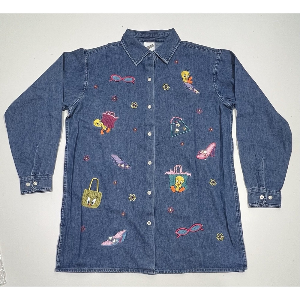 Vintage Warner Brothers Tweety Bird Denim Shirt And 4 Buttons Covers Size‎ S
